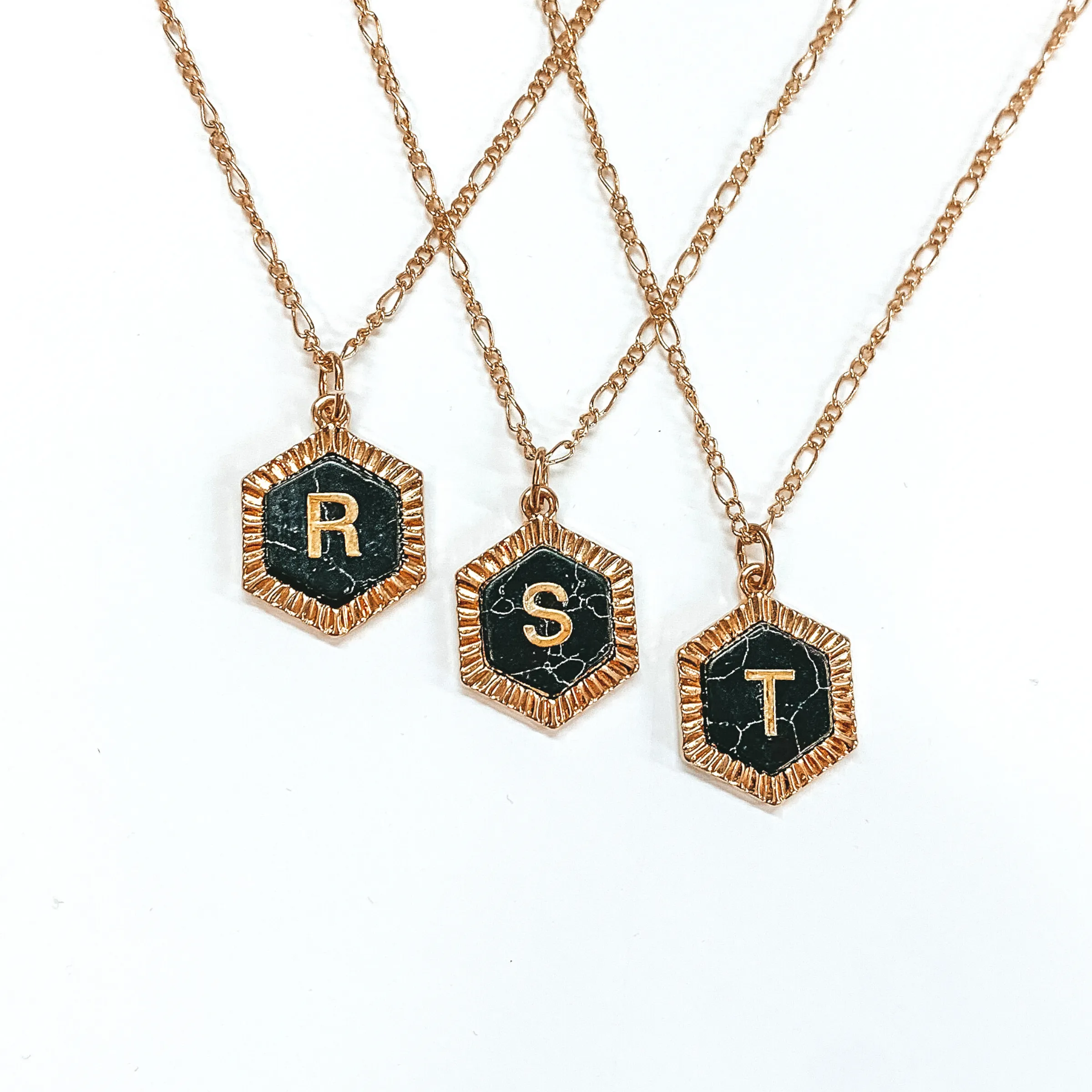 Gold Figaro Chain Necklace with Hexagon Initial Pendant in Black