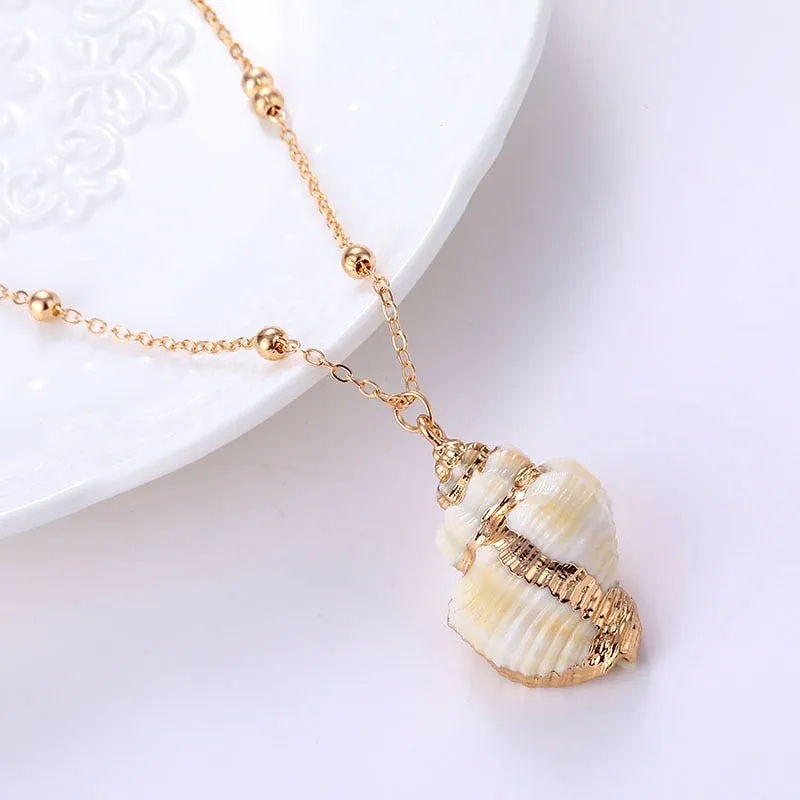 Gold Plated Boho Conch Seashell Pendant Necklace