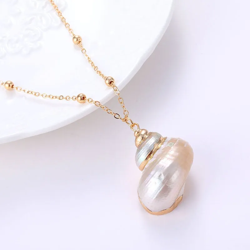 Gold Plated Boho Conch Seashell Pendant Necklace