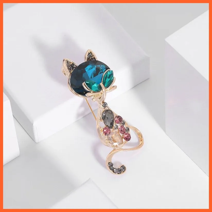 Gold Plated Inlaid Rhinestone Cat Brooch