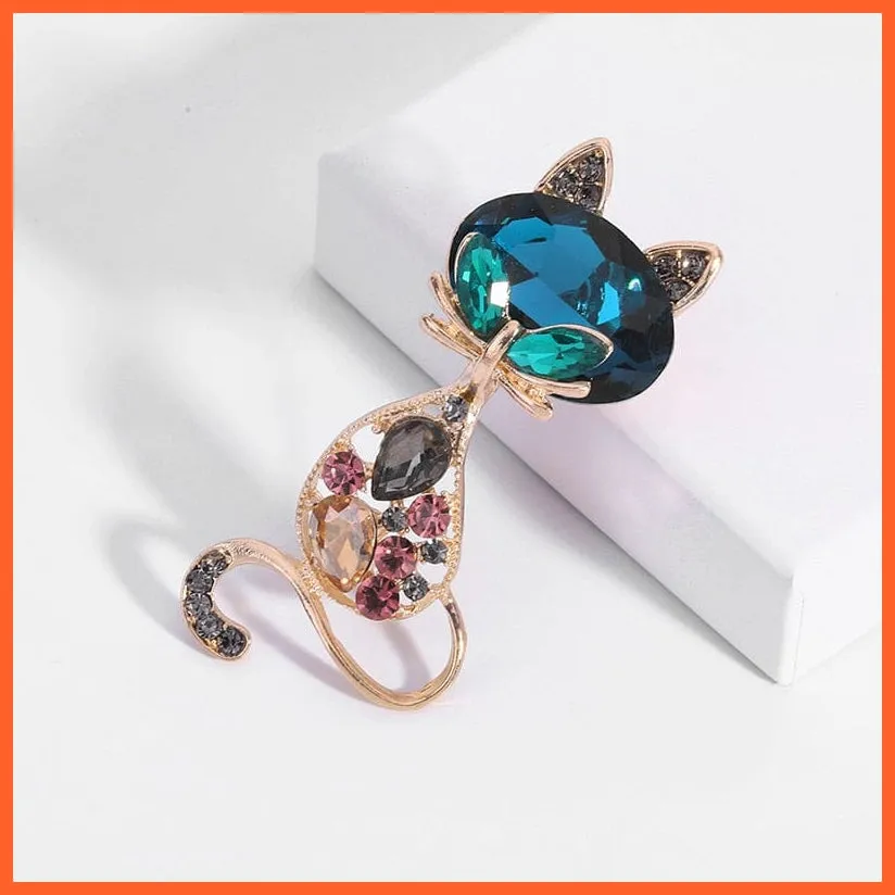 Gold Plated Inlaid Rhinestone Cat Brooch