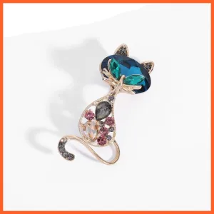 Gold Plated Inlaid Rhinestone Cat Brooch