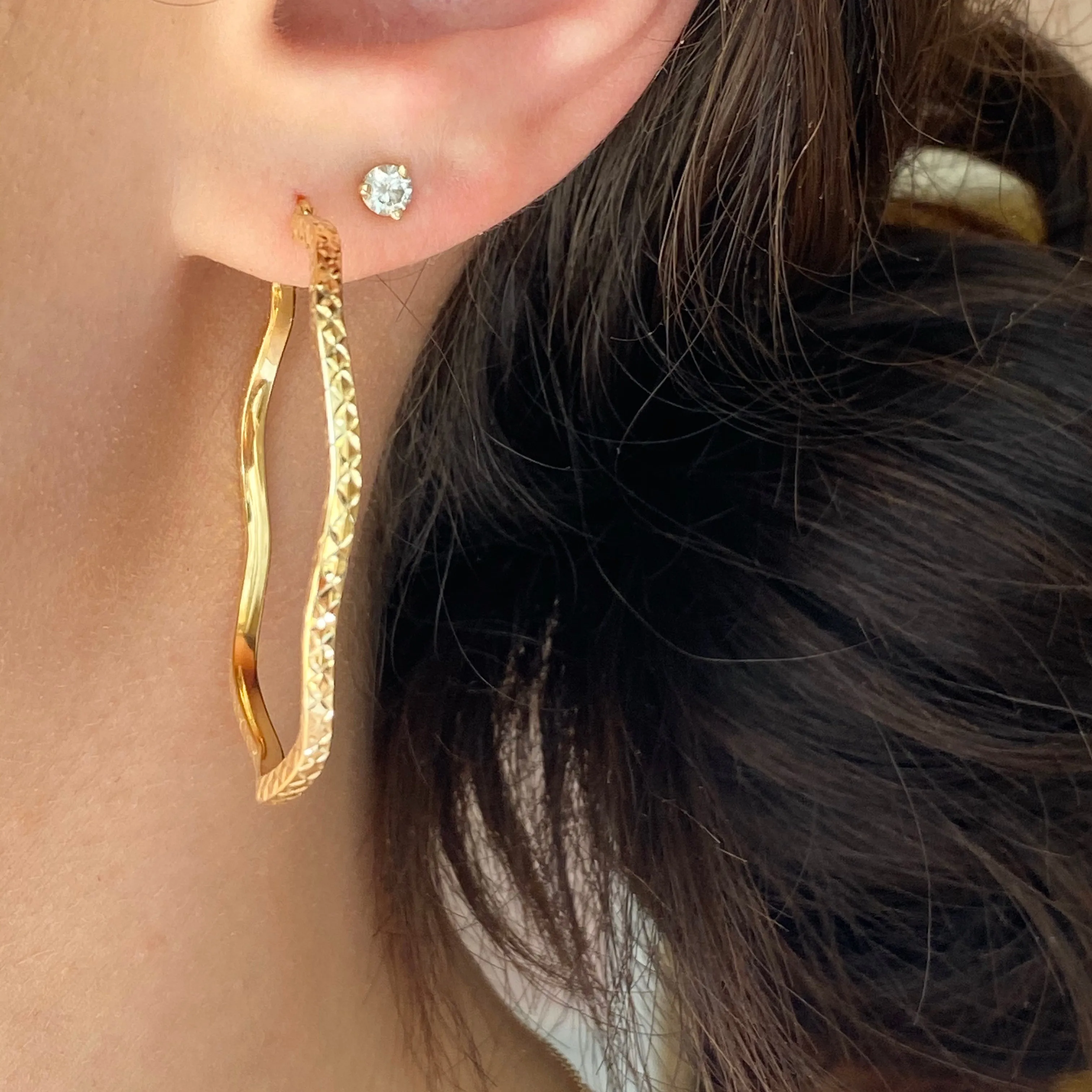 Gold-Plated Sterling Silver Wavy Diamond-Cut Hoop Earrings 41mm