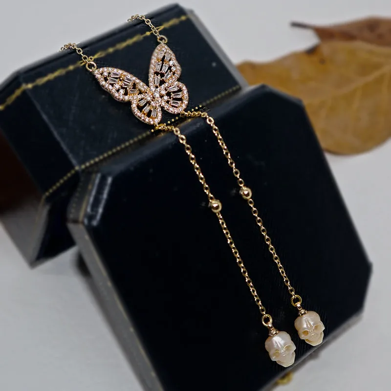 Golden Butterfly Gemstone Skull Pearl CZ Pendant Necklace