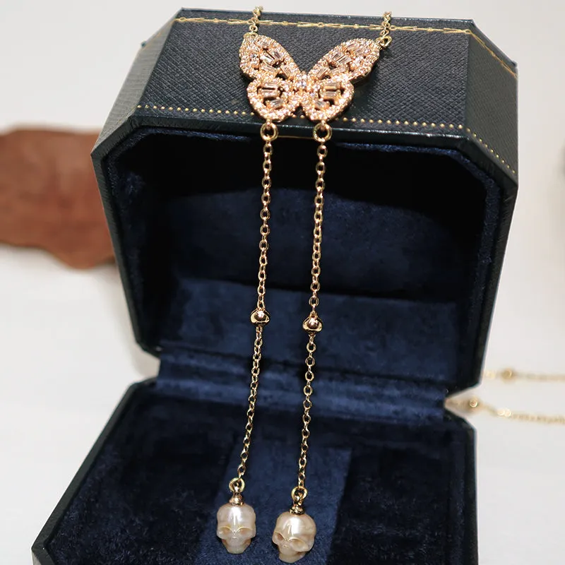 Golden Butterfly Gemstone Skull Pearl CZ Pendant Necklace