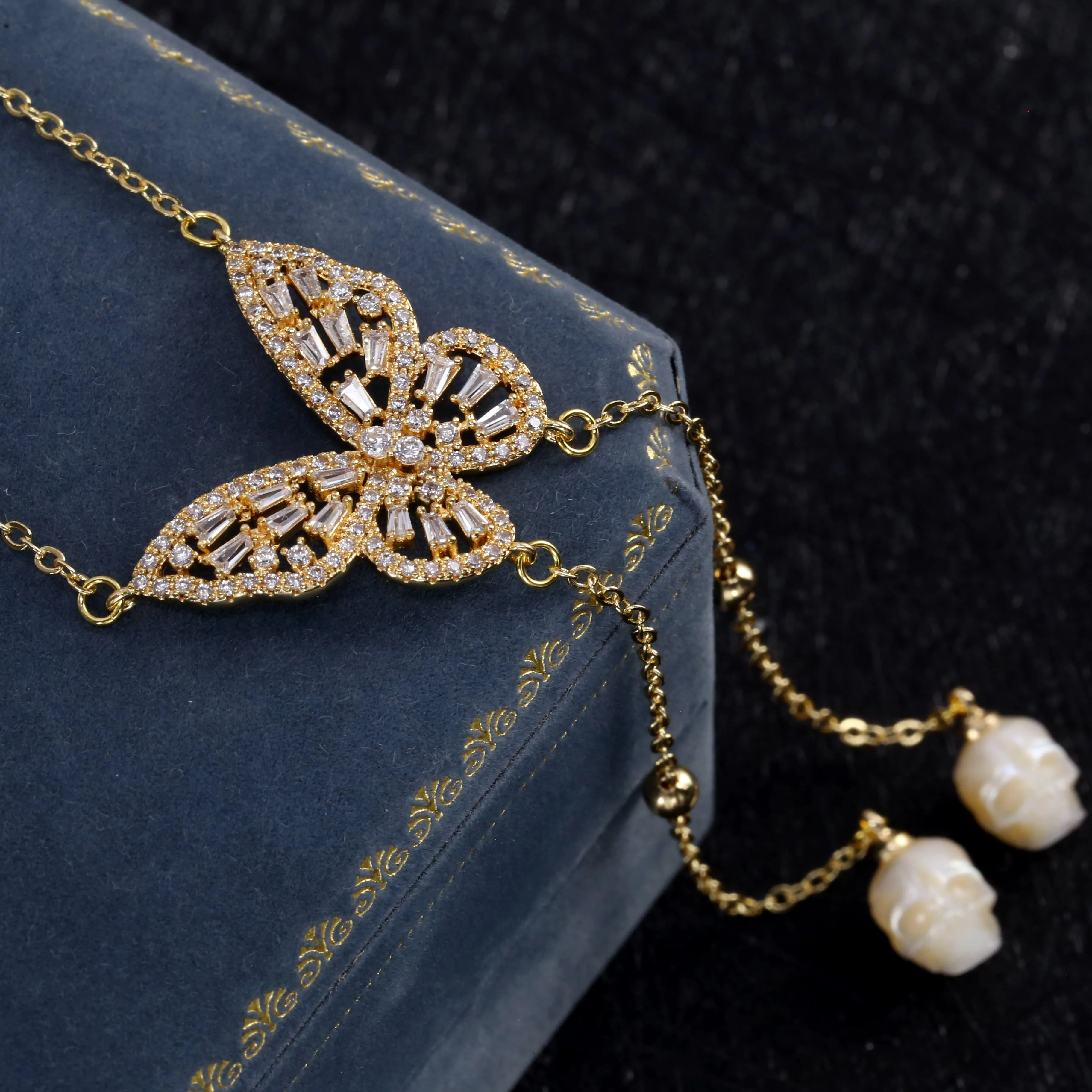 Golden Butterfly Gemstone Skull Pearl CZ Pendant Necklace