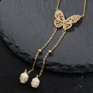 Golden Butterfly Gemstone Skull Pearl CZ Pendant Necklace