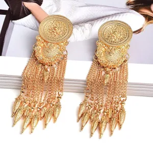 Golden Threads Detailed Circular Plate Dangle Floating Tassel Long Earrings Piercing imitation Gold Elegant Girly Eye catching