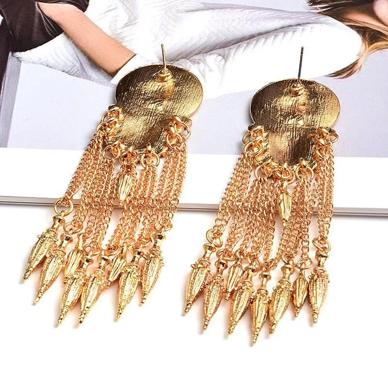 Golden Threads Detailed Circular Plate Dangle Floating Tassel Long Earrings Piercing imitation Gold Elegant Girly Eye catching
