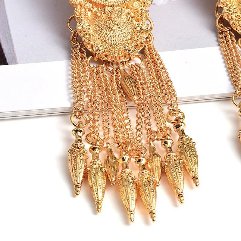 Golden Threads Detailed Circular Plate Dangle Floating Tassel Long Earrings Piercing imitation Gold Elegant Girly Eye catching