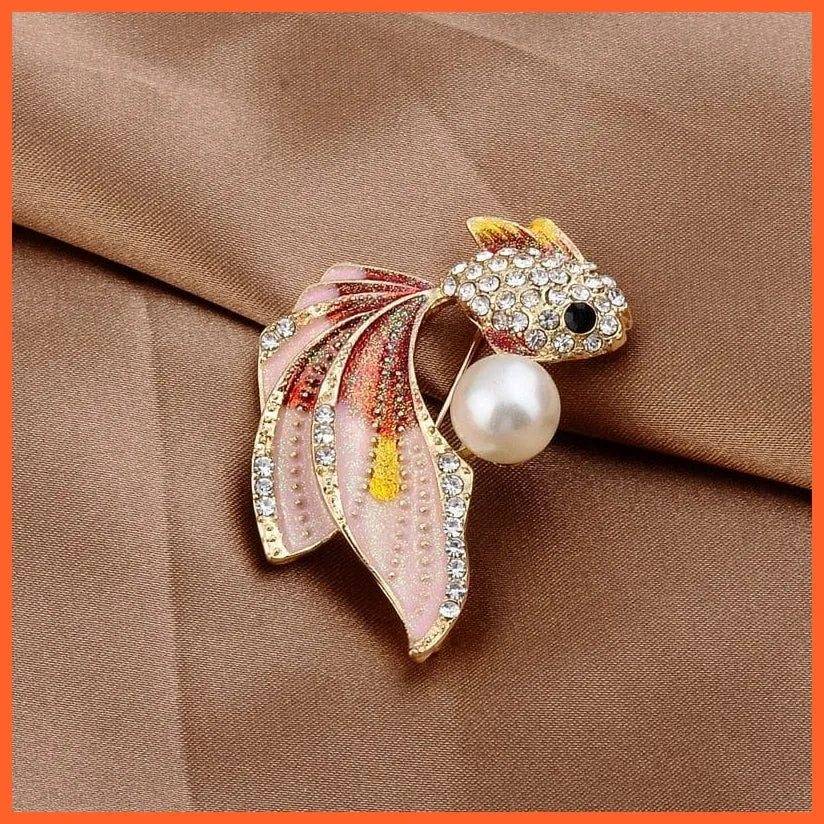 Goldfish Rhinestone Pearl Brooches Pin For Women