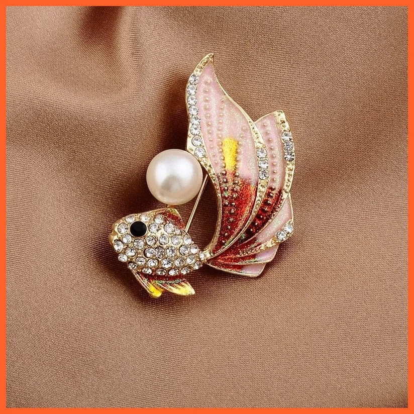 Goldfish Rhinestone Pearl Brooches Pin For Women