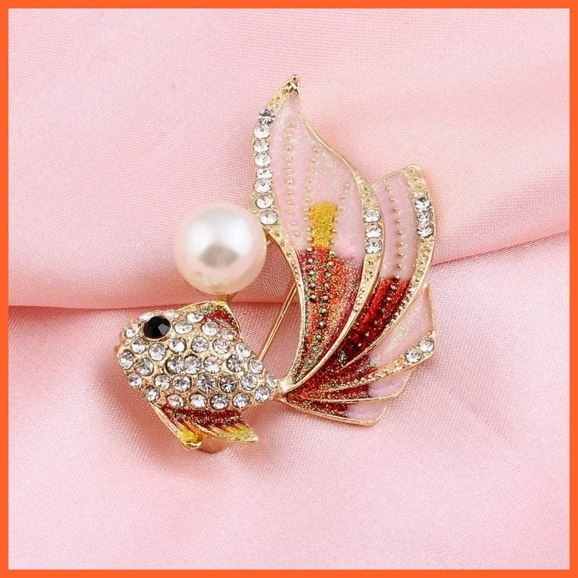 Goldfish Rhinestone Pearl Brooches Pin For Women