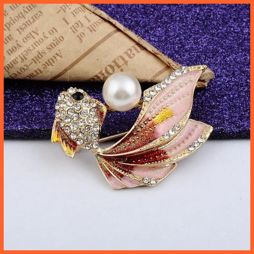 Goldfish Rhinestone Pearl Brooches Pin For Women