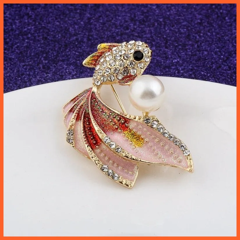Goldfish Rhinestone Pearl Brooches Pin For Women