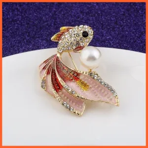 Goldfish Rhinestone Pearl Brooches Pin For Women