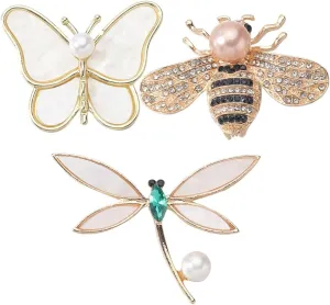 GORGECRAFT 1 Box 3Pcs Insect Brooch Pin Gold Metal Alloy Rhinestone Pearl Vintage Animal Insects Butterfly Bee Dragonfly Moth Lapel Brooches Pins for Clothes Hat Dress Bag Decoration Women