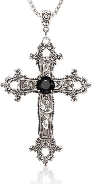 Gothic Cross Necklace Silver-Tone Pendant with Glass Stone, on 25??Steel Chain, Cross Necklace for Women, Large Goth Silver Cross Necklaces for Man, Big y2k Necklaces, Halloween Jewelry