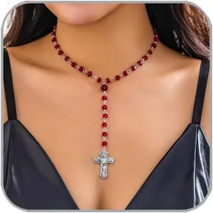 Gothic Cross Necklaces Layered Pearl Beads Cross Pendant Necklaces Punk Vintage Cross Chain Necklace Chunky Cross Necklace Gothic Jewelry for Women