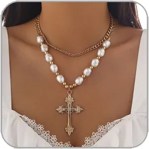 Gothic Cross Necklaces Layered Pearl Beads Cross Pendant Necklaces Punk Vintage Cross Chain Necklace Chunky Cross Necklace Gothic Jewelry for Women