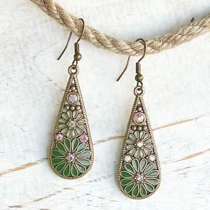 Green Boho Brass Diamante Flower Earrings