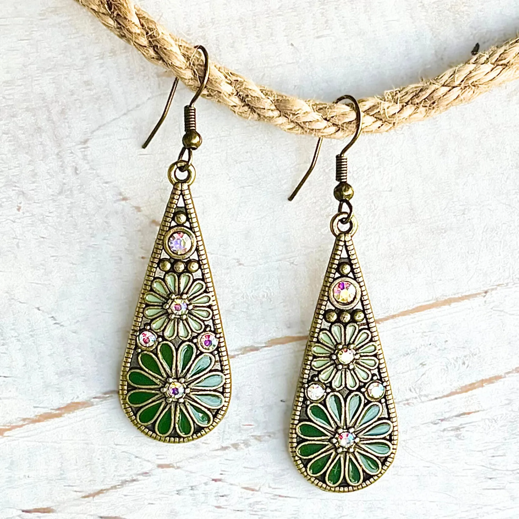 Green Boho Brass Diamante Flower Earrings