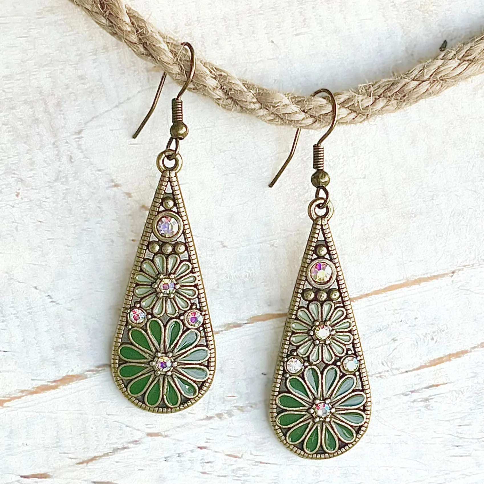 Green Boho Brass Diamante Flower Earrings