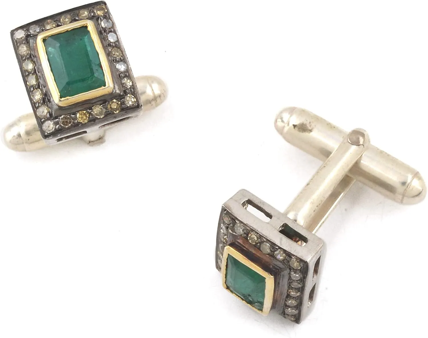 Green Emerald Gemstone Cufflinks For Men Square Shape 925 Sterling Silver  1.85 Cts Emerald Birthstone 0.54 Carat Brown Diamond (I2-I3 Clarity) Festive Wedding Outfit Buttons For Men (2 Pieces)