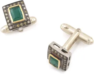 Green Emerald Gemstone Cufflinks For Men Square Shape 925 Sterling Silver  1.85 Cts Emerald Birthstone 0.54 Carat Brown Diamond (I2-I3 Clarity) Festive Wedding Outfit Buttons For Men (2 Pieces)