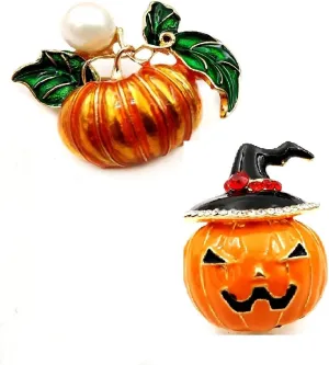 Halloween Fashion Super Cute Orange Enameled Wizard Hat Pumpkin Brooches 2 pcs Pin Set
