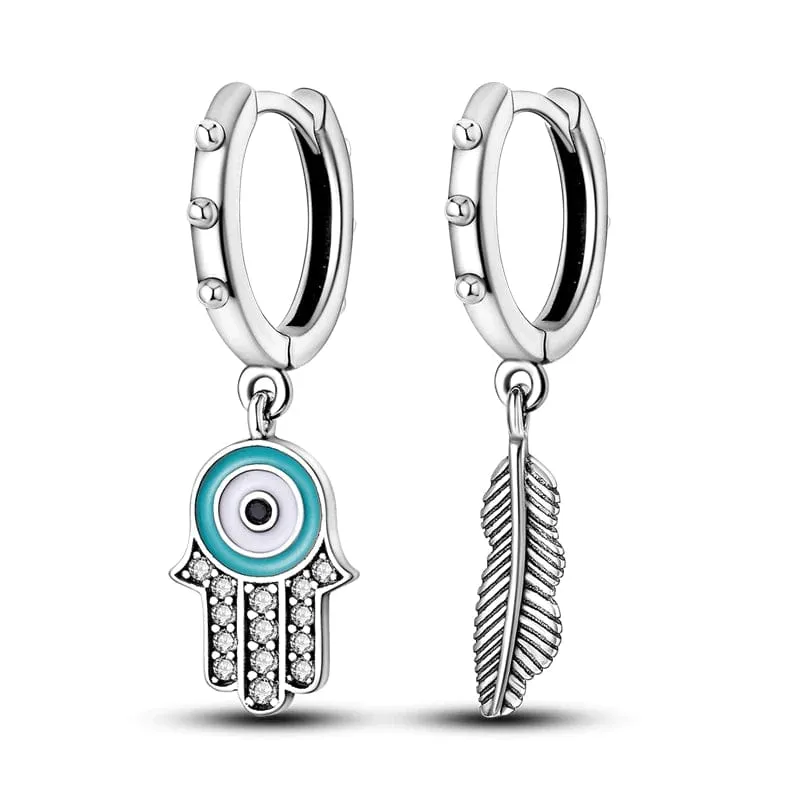 HAMSA FEATHER Charm Earrings - Silver