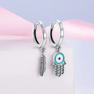 HAMSA FEATHER Charm Earrings - Silver