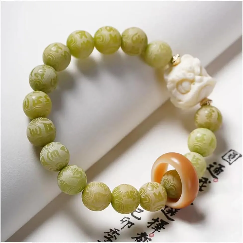 Handmade Natural Fragrant Green Bodhi Bracelet Carved Beads Prayer Beads Wrist Meditation Rosary