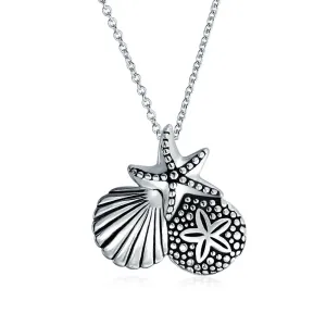 Hawaiian Seaside Pendant Necklace Sand Dollar Starfish Seashell in Silver
