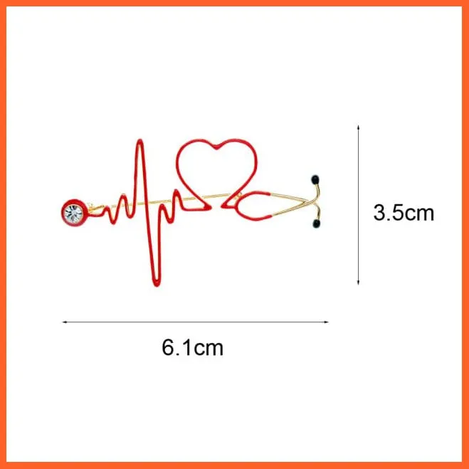 Heart Beating Line Stethoscope Medical Red Enamel Copper Brooch