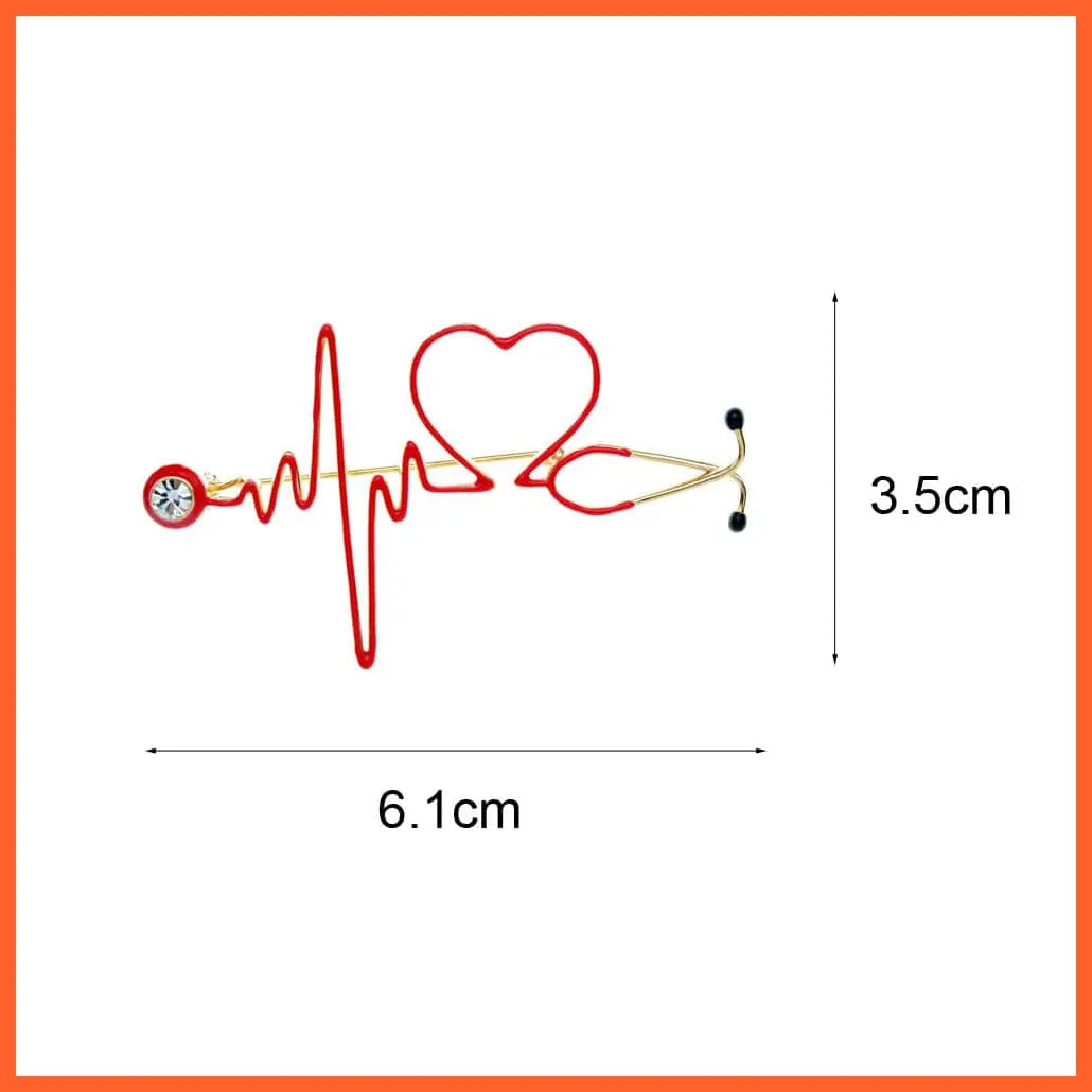 Heart Beating Line Stethoscope Medical Red Enamel Copper Brooch