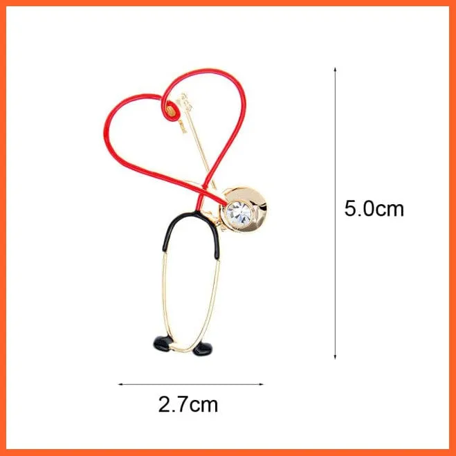 Heart Beating Line Stethoscope Medical Red Enamel Copper Brooch