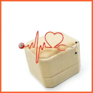 Heart Beating Line Stethoscope Medical Red Enamel Copper Brooch