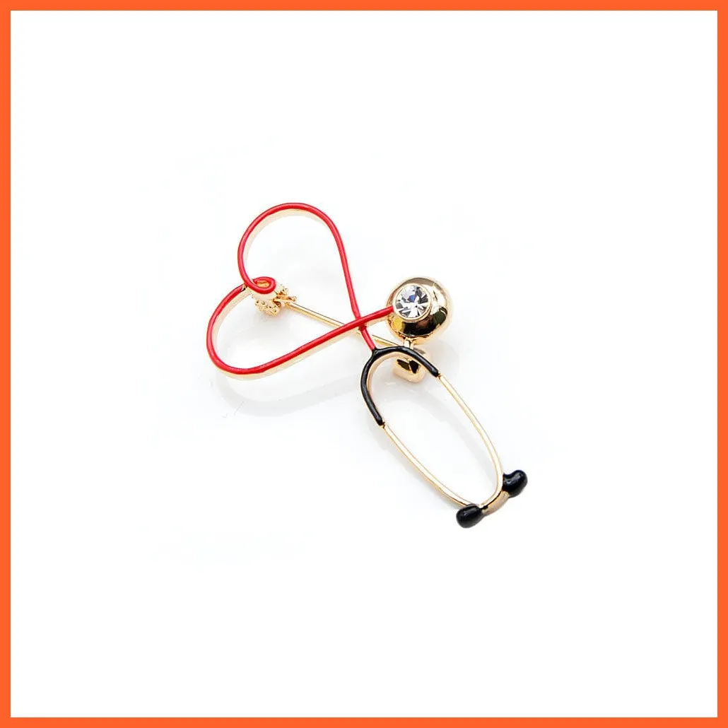 Heart Beating Line Stethoscope Medical Red Enamel Copper Brooch