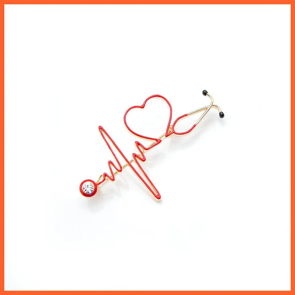 Heart Beating Line Stethoscope Medical Red Enamel Copper Brooch