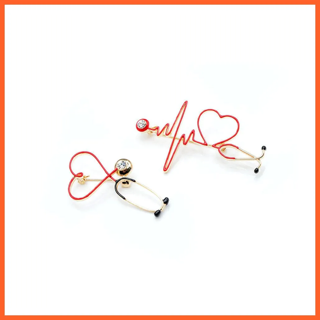 Heart Beating Line Stethoscope Medical Red Enamel Copper Brooch
