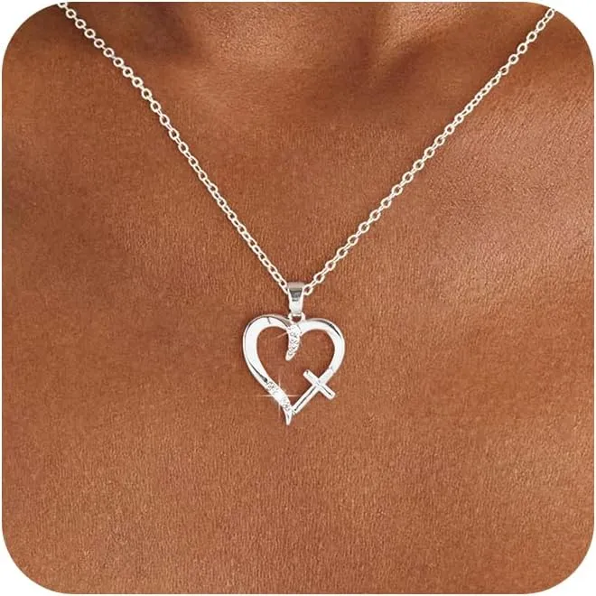 Heart Cross Necklaces For Women,14K Real Gold Silver Plated Dainty Charm Love Heart Cross Pendant Necklace For Women,Necklaces Jewelry Gift for Women Present on Anniversary Christmas Valentines Mothers Day Birthday