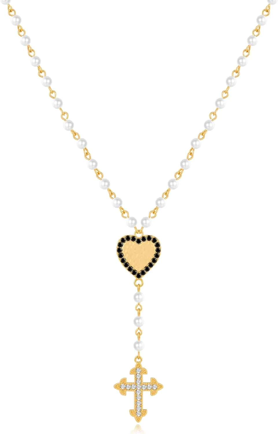 Heart Y-Necklace for Women Cross Necklace | Gothic Crystal Heart Pendant Necklace Rosary Beads Y-Shaped Necklace Beaded Chain Necklace for Women
