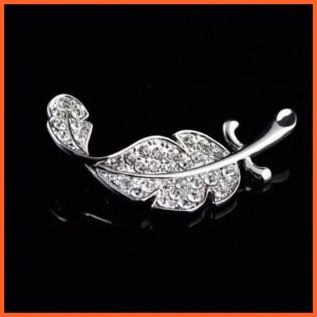 Hot Fashion Rhinestone Leaves Feather Brooches | Corsage Enamel Pins