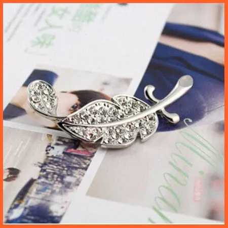 Hot Fashion Rhinestone Leaves Feather Brooches | Corsage Enamel Pins