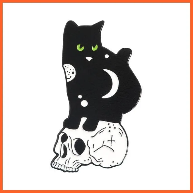 Hugging Cat With Skull Enamel Dark Punk Animal Kitten Lapel Pin Brooches