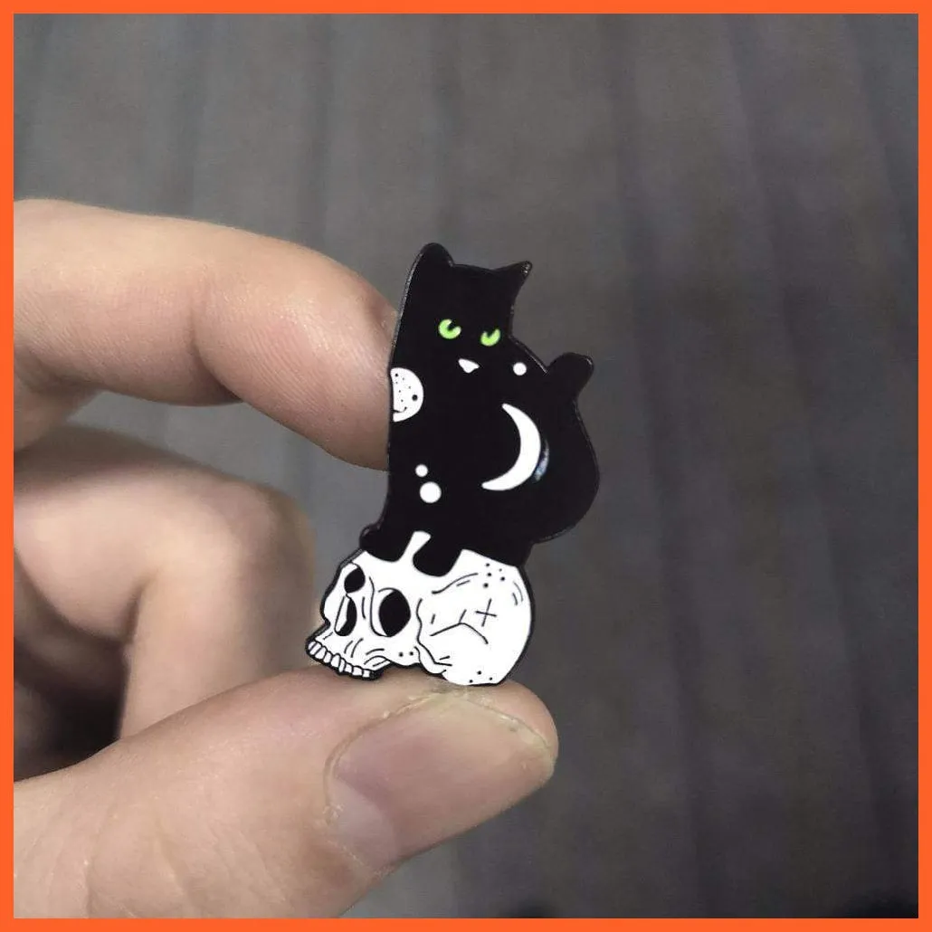 Hugging Cat With Skull Enamel Dark Punk Animal Kitten Lapel Pin Brooches