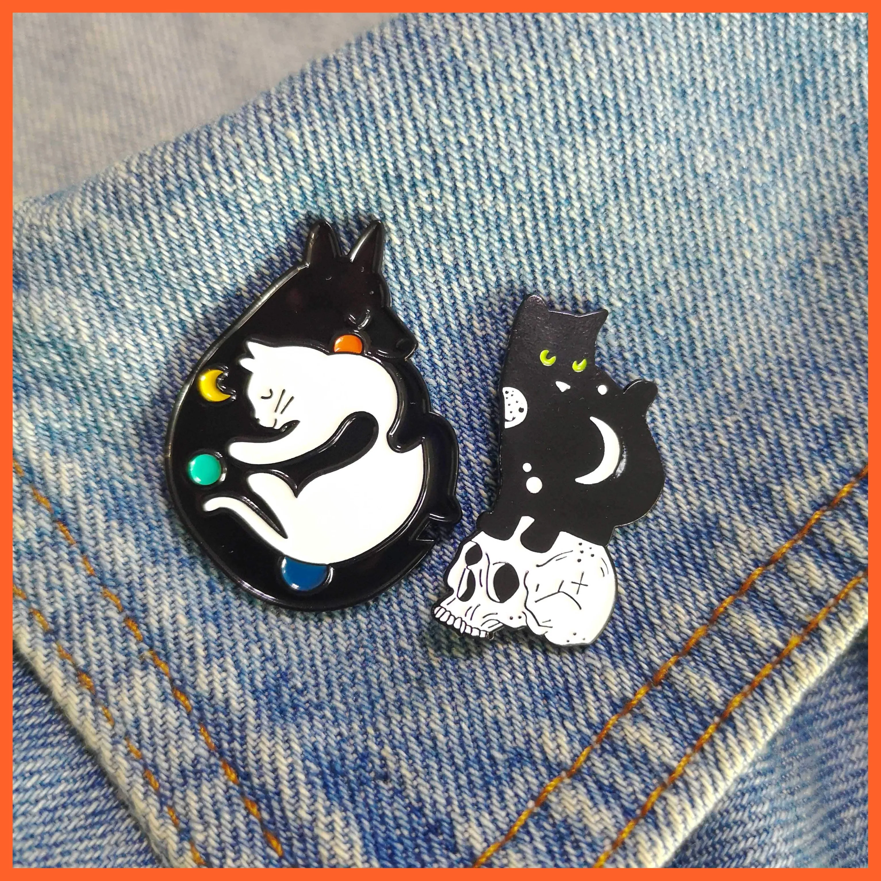 Hugging Cat With Skull Enamel Dark Punk Animal Kitten Lapel Pin Brooches