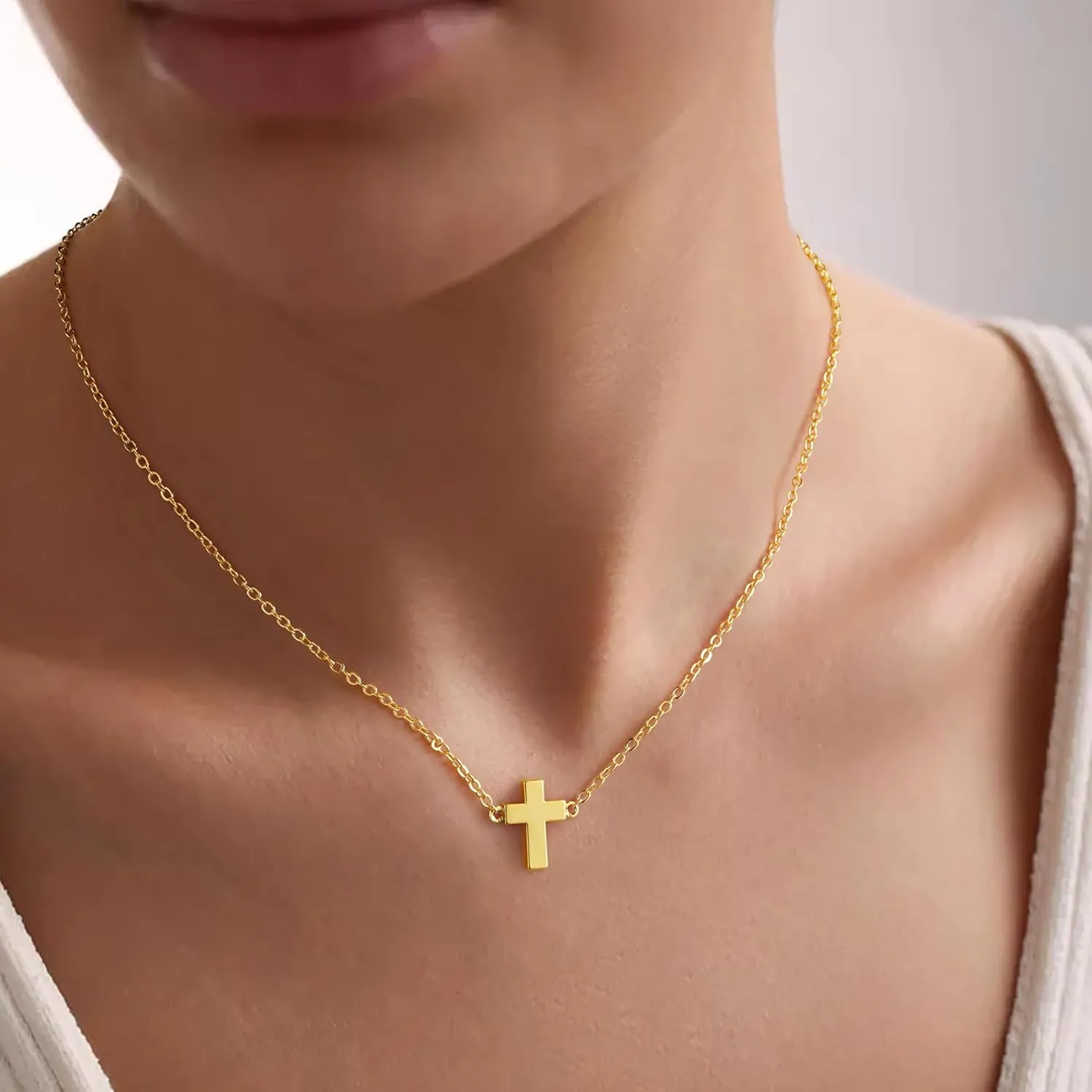 IEFWELL Cross Necklaces for Women - Dainty Gold Silver Cross Necklace for Women Trendy Simple Sideways Layered CZ Cross Necklaces Gold Jewelry for Womens Gifts