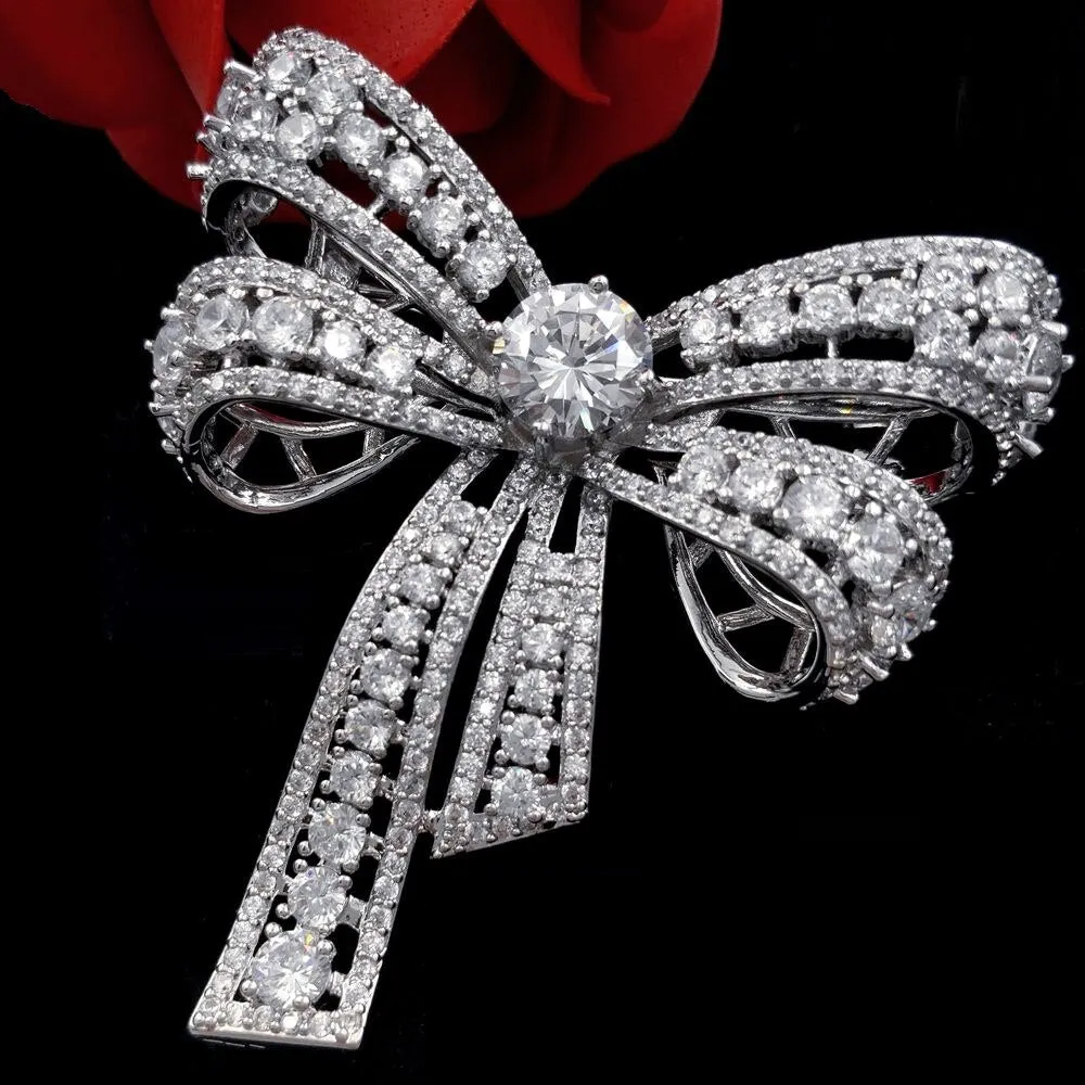 Jewelblings Victorian Vintage Silvertone Open Round Stone Domed 4-prong Studded Clear CZ Bow Brooch Bowtie Pins Chic European Bridal Jewelry